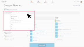 A middle school student course planner. The dropdown menu called "Requirements" is open showing different subjects.